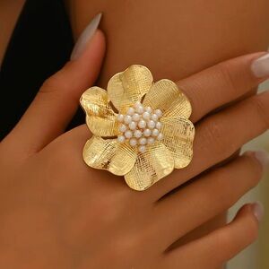 Anthropologie Flower Gold Pearl Adjustable Ring